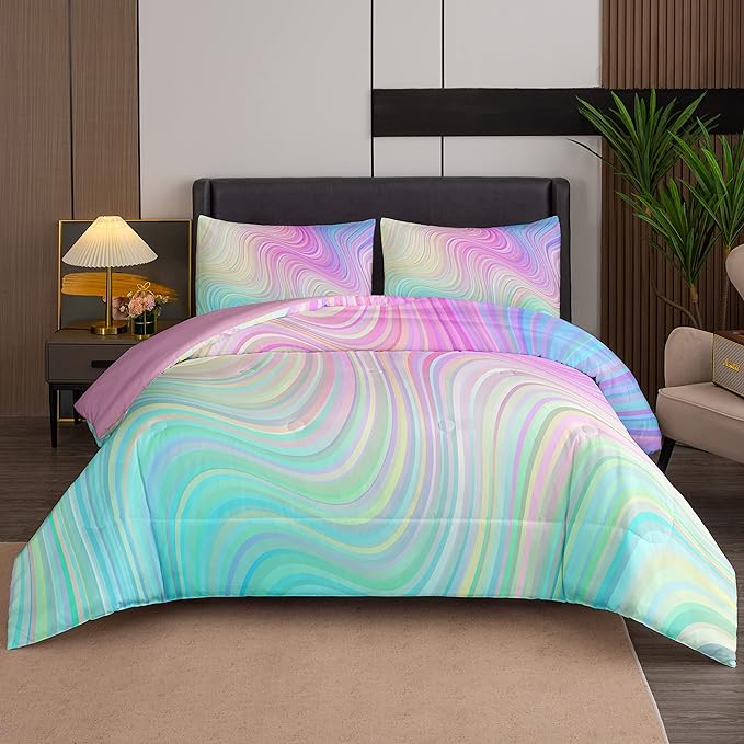 Bodhi Tie Dye Marbling Comforter Colorful Marble Teen Girl Bedding Set Watercolor Pastel Pink Blue Purple Comforter Set Marble Abstract Kids Bedding Set 2 Piece Bright Girly Comforter (Twin) - LeafyLoom