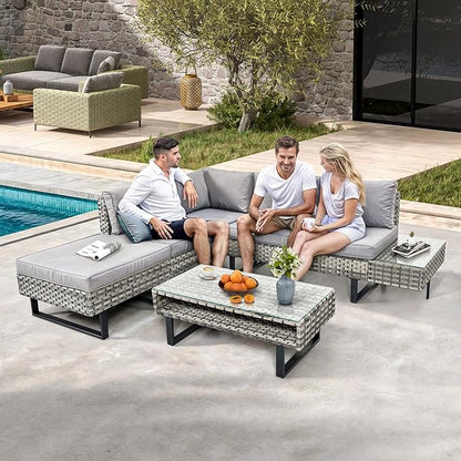 DWVO Patio Furniture Set, Sectional L-Shaped Sofa, for Patio Backyard Poolside Porch, Wicker Conversation Set with Coffee Table & Cushions, Detachable Lounger, All-Weather Rattan, Grey - LeafyLoom