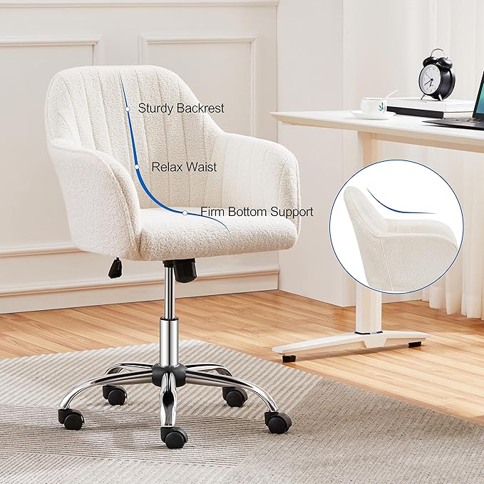 Yaheetech Office Desk Chair Height Adjustable Task Chairs Modern Office Chair Makeup Chair 360° Swivel Computer Chair Mid Back Chair Living Room Chairs with Arms&Stainless Base Accent Ivory - LeafyLoom