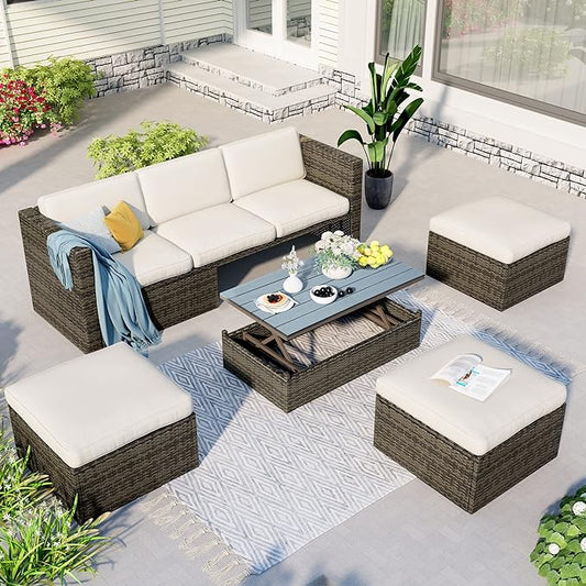 5 Pieces Patio Furniture Sets All Weather Wicker Rattan Sectional Sofa Outdoor Conversation with Adustable Backrest, Cushions, Ottomans and Lift Top Coffee Table for Poolside, Garden, Backyard - LeafyLoom