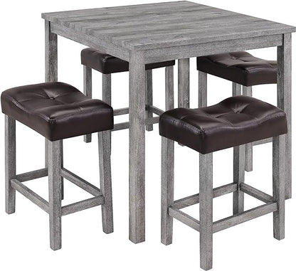 5 Piece Square, Industrial Breakfast Table + 4 Upholstered Stools, Bistro Dining Set, for Living, Small Apartment, Farmhouse, Game Room, Brown+Light Gray - LeafyLoom