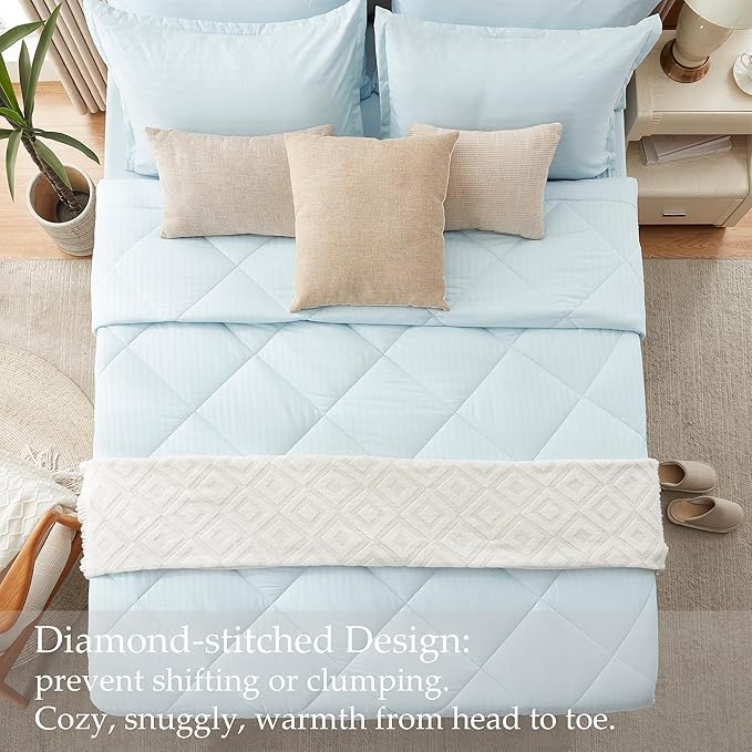 NexHome Light Blue King Bed in a Bag 7-Pieces Comforter Sets with Comforter and Sheets Soft All Season Bedding Sets with Comforter, Pillow Shams, Flat Sheet, Fitted Sheet and Pillowcases - LeafyLoom