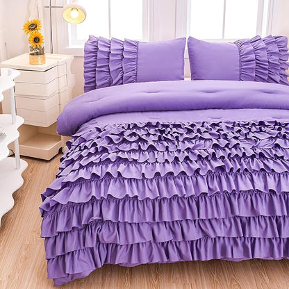 Girls Comforter Set Queen, Lavender Ruffle Bedding Set Queen, Purple Comforter Sets for Queen Size Bed with Sheets, Girls Queen Bedroom Comforter Set - LeafyLoom