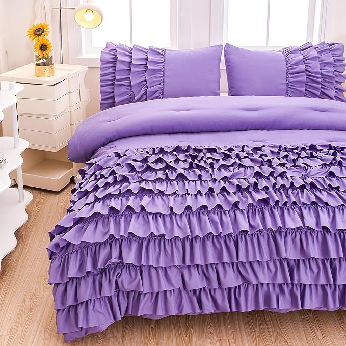 Full Size Comforter Set for Girls, Purple Ruffle Bedding Set Full, 5 Pcs Bed in a Bag for Girls, Purple Comforter Sets Full with 1 Fitted Sheets, 1 Flat Sheet, 1 Comforter, 2 Pillowcases - LeafyLoom