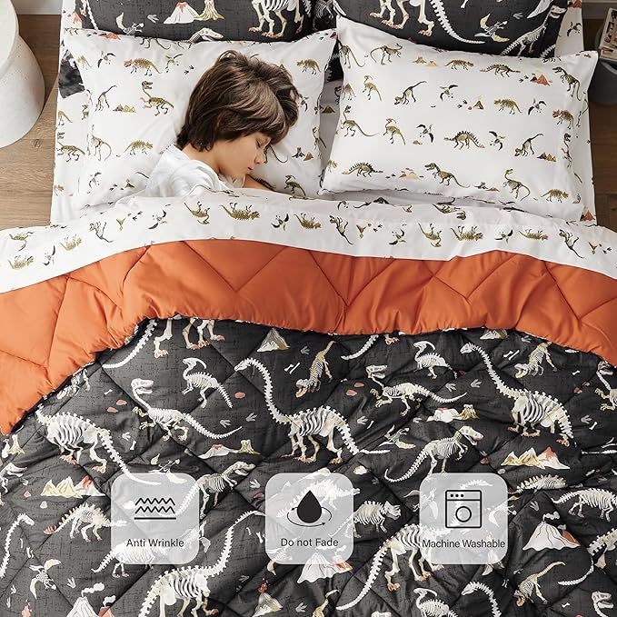 Dinosaur Twin Comforter for Boys,5 Pieces Kids Bedroom Bedding Set with Sheets and Pillowcase,Super Soft Lightweight for All Seasons,Grey,Machine Washable - LeafyLoom