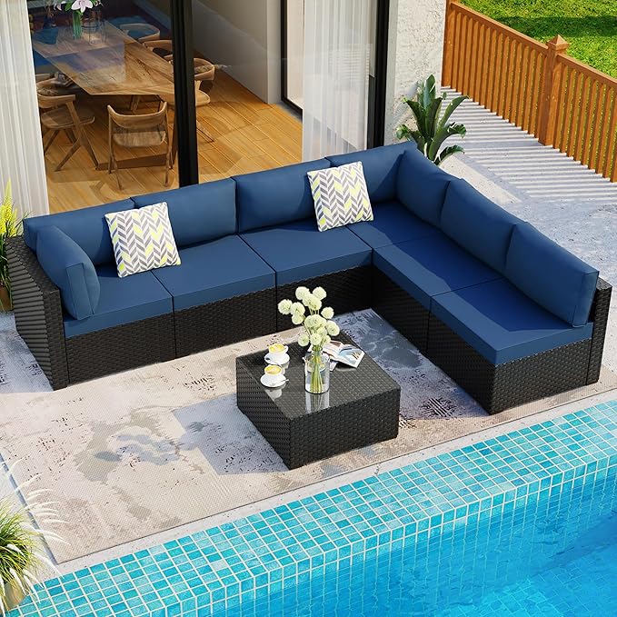 Shintenchi 7 Pieces Outdoor Patio Sectional Sofa Couch, Black Wicker Furniture Conversation Sets with Washable Cushions & Glass Coffee Table for Garden, Poolside, Backyard (Aegean Blue) - LeafyLoom