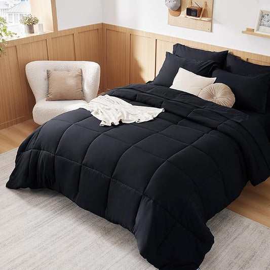 Bedsure Black Twin XL Comforter Set for Boys- 5 Pieces Solid Twin XL Bed in a Bag, Twin XL Bed Set Black with Comforters, Sheets, Pillowcase & Sham, Extra Long Twin Comforter Set - LeafyLoom