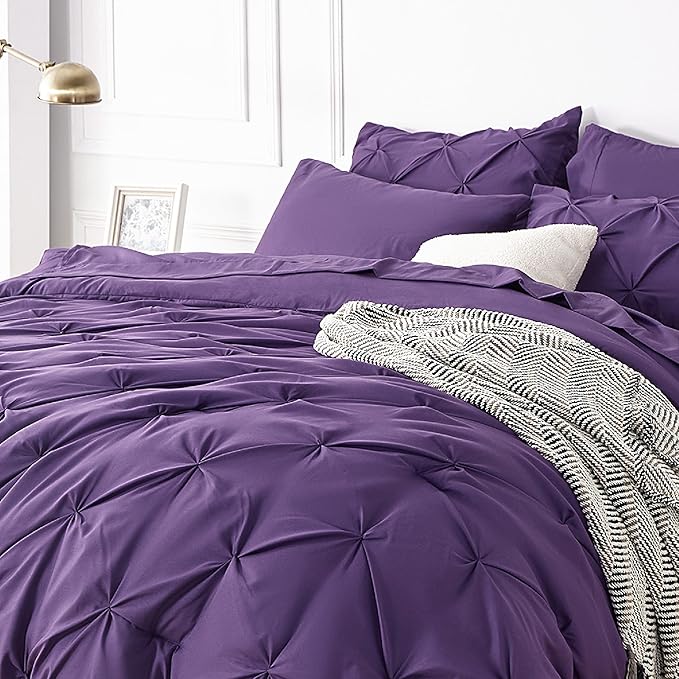 Bedsure King Size Comforter Set - Bedding Set King 7 Pieces, Pintuck Bed in a Bag Purple Bed Set with Comforter, Sheets, Pillowcases & Shams - LeafyLoom