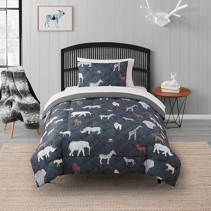 Kids Bedding Set Bed in a Bag for Boys and Girls Toddlers Printed Sheet Set and Comforter, Twin, Safari - LeafyLoom