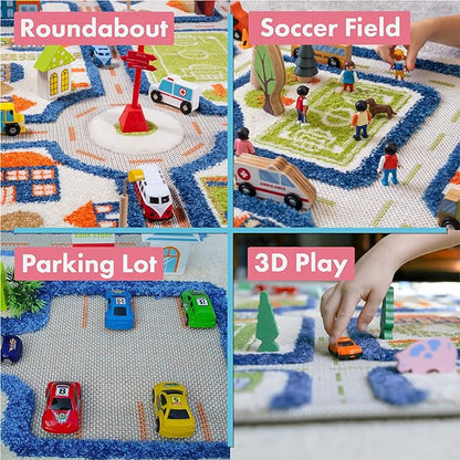 IVI Thick 3D Childrens Play Mat & Rug in A Colorful Town Design for Kids with Soccer Field, Car Park & Roads, Blue, 32 x 45 inches - LeafyLoom