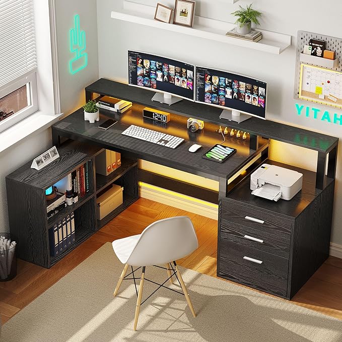 YITAHOME L Shaped Desk with 3 Drawers, 65" Corner Computer Desk with Power Outlets & LED Lights, L-Shaped Desk with File Cabinet & Printer Stand for Home Office, Black - LeafyLoom