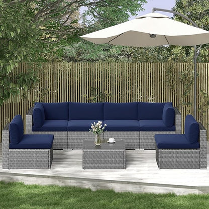 SUNVIVI OUTDOOR 7 Piece Patio Furniture Sets All Weather Grey PE Wicker Couch Sofa with Glass Table, Removable Navy Blue Cushions - LeafyLoom