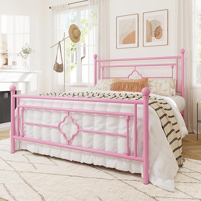 Allewie Queen Size Metal Platform Bed Frame with Victorian Vintage Headboard and Footboard/Mattress Foundation/Under Bed Storage/No Box Spring Needed/Noise-Free/Easy Assembly, Pink - LeafyLoom