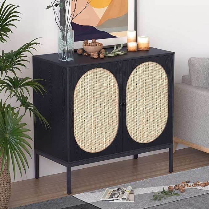 XIAO WEI Buffet Sideboard with Handmade Natural Rattan Woven Doors, Buffet Cabinet Accent Cabinet Rattan Cabinet, Sideboard Cabinet, for Kitchen Living Room Living Room Entryway, Black,Oval Doors - LeafyLoom