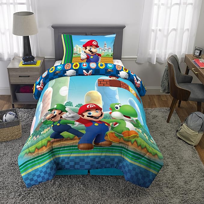 Franco Kids Bedding Super Soft Comforter and Sheet Set, 4 Piece Twin Size, Mario - LeafyLoom