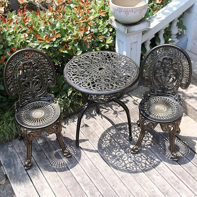 Patio Bistro Set.Rust-Resistant Cast Aluminum Bistro Table Set with Umbrella Hole for Backyard (Crown Copper) - LeafyLoom