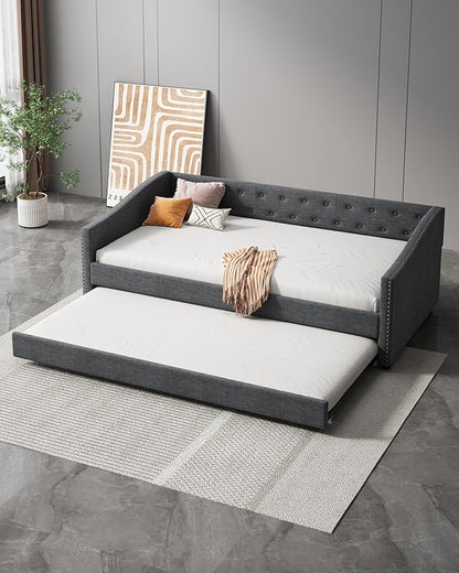 Twin Size Daybed with Trundle, Upholstered Tufted Sofa Bed with Button on Back and Piping on Waved Shape Arms for Bedroom, Apartment, Living Room, Wooden Slats Support, Dark Grey - LeafyLoom