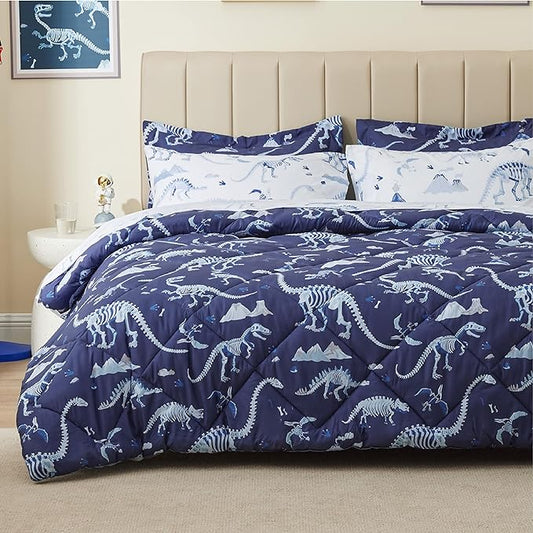 Twin Comforter Set for Boys,5 Pieces Dinosaur Kids Bedroom Bedding with Sheets and Pillowcase,Super Soft Lightweight for All Seasons,Blue,Machine Washable - LeafyLoom