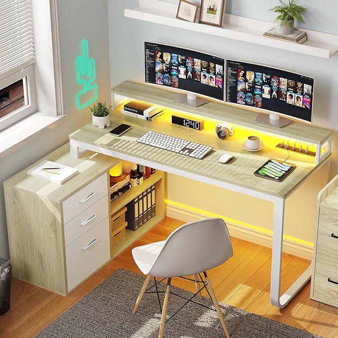 YITAHOME L Shaped Desk with Power Outlets & LED Lights & File Cabinet, 55" Corner Computer Desk with 3 Drawers & 2 Storage Shelves, Home Office Desk with Monitor Stand, Oak & White - LeafyLoom