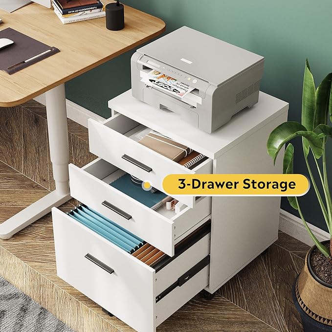 DEVAISE 3 Drawer File Cabinet for Home Office, Wood Under Desk Filing Cabinet, Rolling Printer Stand with Wheels, White - LeafyLoom