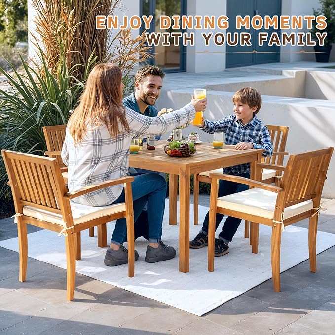 Greesum 5 Piece Patio Dining Set Outdoor Solid Wood Furniture for Yard, Garden, Porch w/Square Tabletop & 4 Chairs, White - LeafyLoom