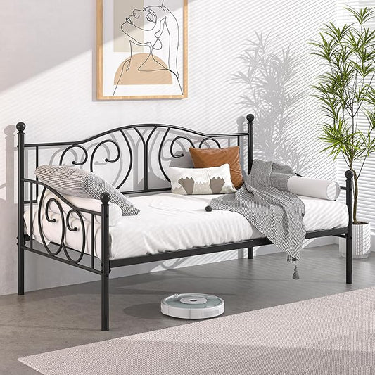 VECELO Twin Daybed Frame, Metal Day Bed with Classic Headboard, Multifunctional Platform Beds for Bedroom, Living Room, Guest Room, No Boxing Spring Needed, Black - LeafyLoom