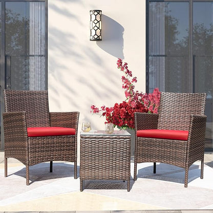 Greesum 3 Pieces Patio Furniture Sets Outdoor PE Rattan Wicker Chairs with Soft Cushion and Glass Coffee Table for Garden Backyard Porch Poolside, Brown and Red - LeafyLoom