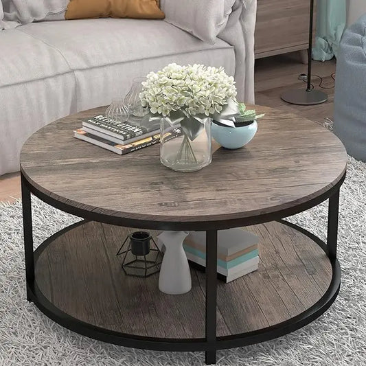 Round Coffee Table, 36" Coffee Table for Living Room, 2-Tier Rustic Wood Desktop with Storage Shelf Modern Design Accent Center Table Industrial Sofa Table Home Furniture(Walnut) - LeafyLoom