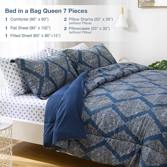 Printed Queen Bedding Sets with Comforter and Sheets, 7 Piece Bed in A Bag Comforter Set with Fluffy Microfiber, Vintage Navy Blue Plaid Paisley Pattern - LeafyLoom