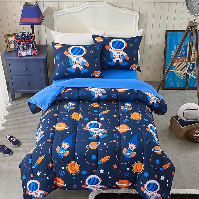 Space Navy Twin XL Comforter Sets for Boys Girls Kids Teen 5 Pieces Bed in a Bag Galaxy Astronaut Comforter with Sheet Sets Dorm Bedding Set - LeafyLoom