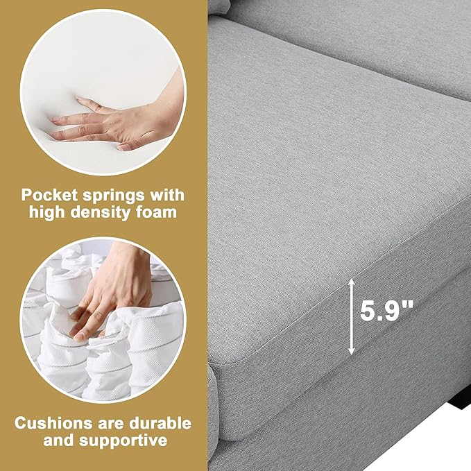 89.8" Modern Sectional Sofa with Convertible Ottoman and 2 Pillows,L-Shape Linen Fabric Corner Couch 5 Set W/Back & Cushion,can Hold up to 330 Lbs,for Apartment,Living Room,Light Grey - LeafyLoom