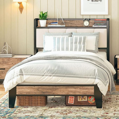 LIKIMIO Twin Bed Frames, Storage Headboard with Charging Station, Solid and Stable, Noise Free, No Box Spring Needed, Easy Assembly (Walnut and Beige) - LeafyLoom