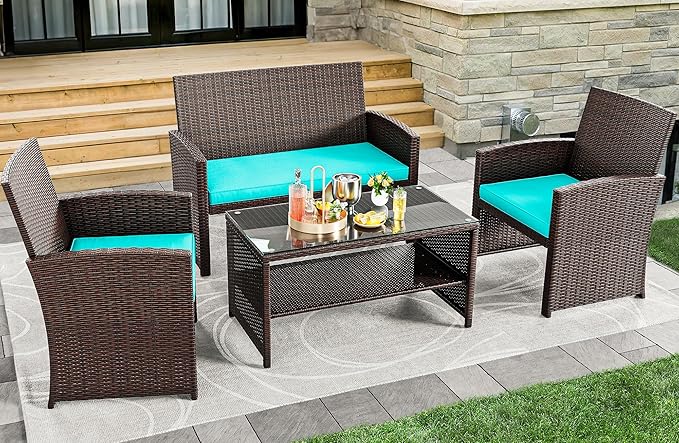 YITAHOME Patio Furniture Wicker Outdoor Bistro Set, 4-Piece All Weather Rattan Conversation Loveseat for Backyard, Balcony and Deck w/Soft Cushions and Metal Coffee Table (Brown+Blue) - LeafyLoom