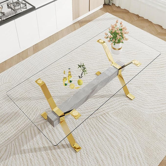 NicBex Dining Table Modern Tempered Glass Dining Table Large Modern Office Desk with Gold Plated Metal Legs and MDF Crossbars, Suitable for Both Home and Office Use, Gold + Silver - LeafyLoom