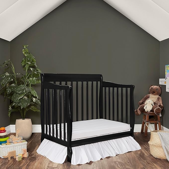 Aden 4-in-1 Convertible Mini Crib In Black, Greenguard Gold Certified, Non-Toxic Finish, New Zealand Pinewood, With 3 Mattress Height Settings - LeafyLoom