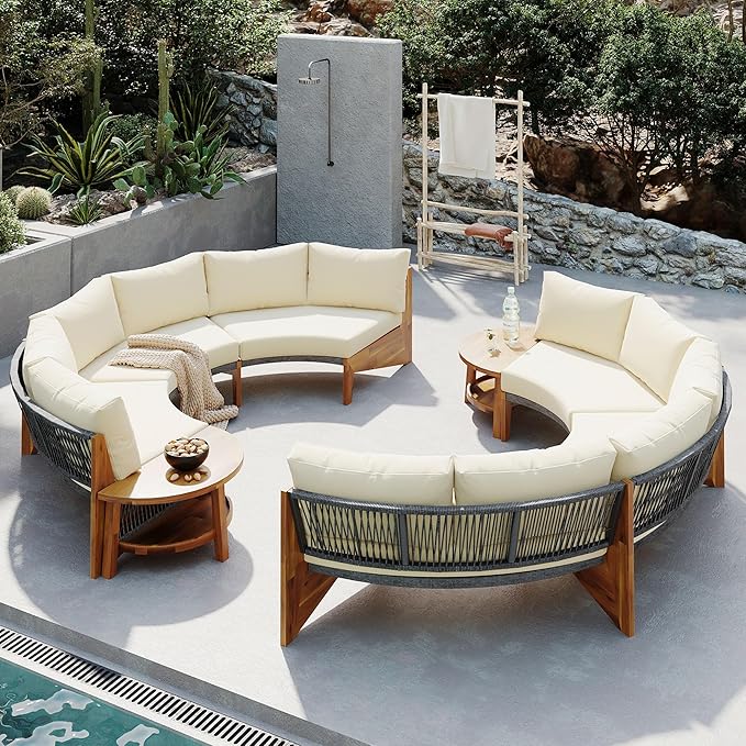 Merax Outdoor Sectional Patio Furniture Sets, Half Moon All Weather Wicker Seating Group, with Cushions and Round Coffee Table, Beige - LeafyLoom