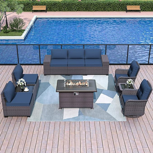 Patio Furniture Sectional Sofa Set 10-Pieces PE Rattan Swivel Rocking Chairs Outdoor Furniture Set w/43in Gas Fire Pit Table, Patio Conversation with 55000 BTU Propane Fire Pit, Navy Blue - LeafyLoom