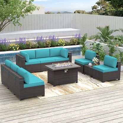 Patio Furniture Sectional Sofa Set 10-Pieces PE Rattan Patio Conversation Set w/43in Gas Fire Pit Table, Outdoor Furniture with 55000 BTU Propane Fire Pit, Blue - LeafyLoom