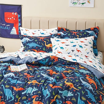 Kids Twin Dinosaur Bedding Comforter Set for Boys, 5 Pieces Twin Size Dinosaur Kids Bedding Set, Super Soft Lightweight Microfiber Comforter Set with Sheets for All Seasons - LeafyLoom