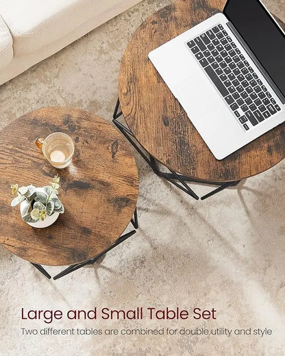 VASAGLE Small Coffee Table Set of 2, Round Coffee Table with Steel Frame, Side End Table for Living Room, Bedroom, Office, Rustic Brown and Ink Black - LeafyLoom