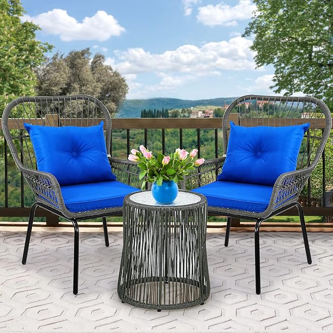 YITAHOME 3-Piece Outdoor Patio Furniture Wicker Bistro Set, All-Weather Rattan Conversation Chairs for Backyard, Balcony and Deck with Soft Cushions, Glass Side Table (Gray+Navy Blue) - LeafyLoom