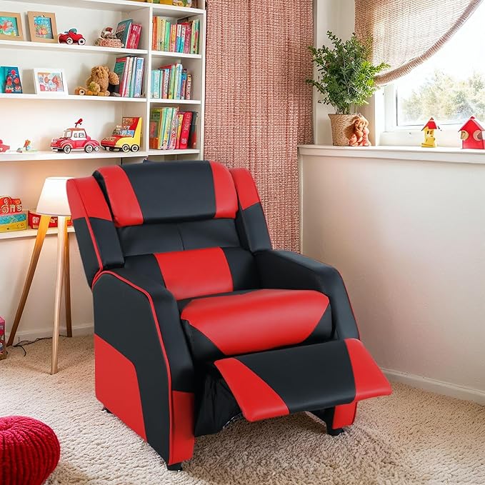 RACER Larger Kids Gaming Chair Leather Recliner Sofa Children Ages 3-12, BlackRed - LeafyLoom