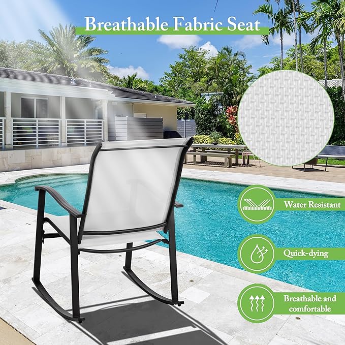 Shintenchi 3 Piece Rocking Bistro Set, Outdoor Furniture with Rocker Chairs and Glass coffee table set of 3, Balcony, Porch Furniture for Small Space, White - LeafyLoom