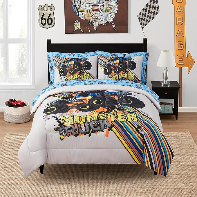 Kids Bedding Set Bed in a Bag for Boys and Girls Toddlers Printed Sheet Set and Comforter, Full, Monster Truck - LeafyLoom