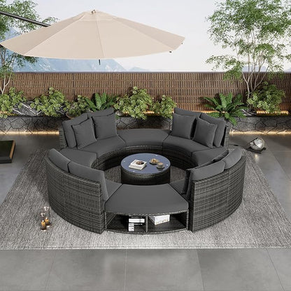 9-Pieces Outdoor Patio Furniture Set, Rattan Wicker Circular Sectional Sofa with Storage, Tempered Glass Table and 6 Pillows, Garden Lawn Half Moon Conversation Couch, Grey - LeafyLoom