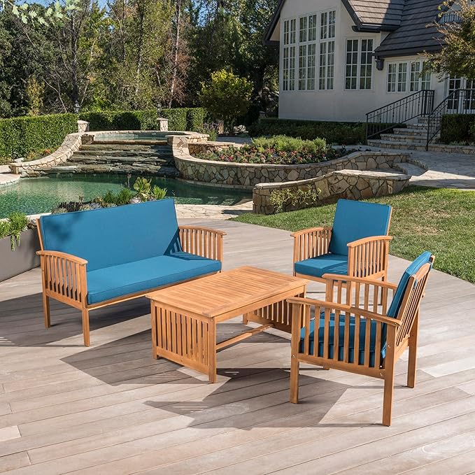 Christopher Knight Home Carolina Outdoor 4 Piece Patina Acacia Wood Sofa Conversation Patio Furniture Sets with Cushions, 27.50" D x 24.00" W x 33.25" H, Dark Teal/Brown - LeafyLoom