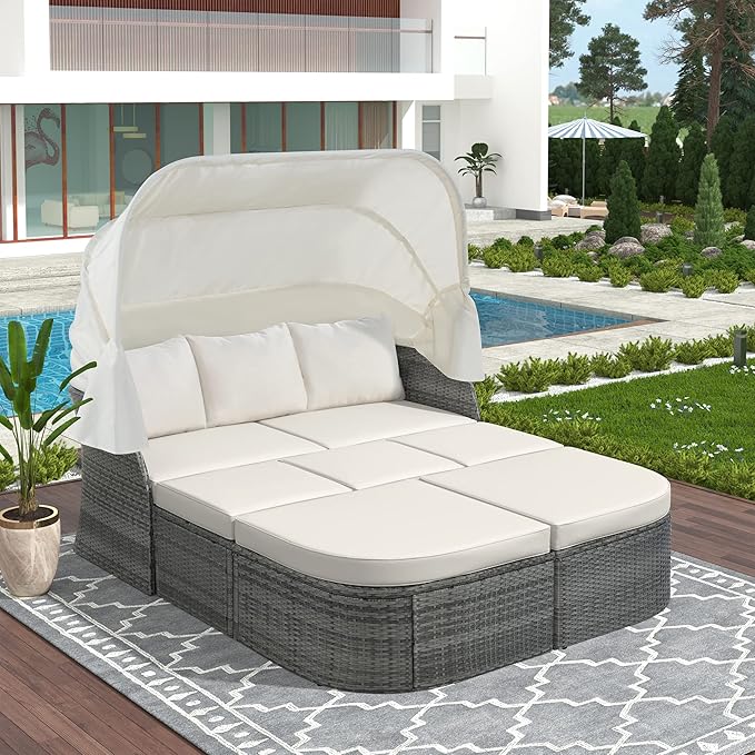 Rectangle Furniture Daybed Sunbed with Retractable Canopy, Outdoor Wicker Conversation Set with Cushions for Patio, Backyard, Porch, Garden, Hb-Beige - LeafyLoom