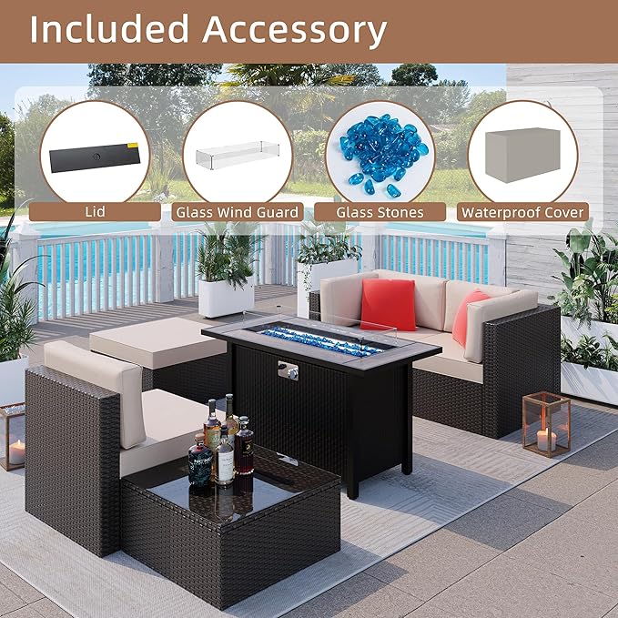 Shintenchi 6 Pieces Patio Furniture Sets w/Fire Pit Table, Outdoor Conversation Set w/50,000 BTU Steel Gas Fire Pit, Beige Patio Rattan Sectional Sofa Set w/Brown Top Fire Pit - LeafyLoom