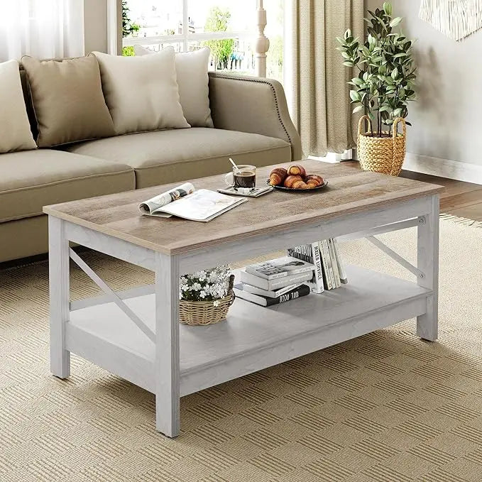 YITAHOME Coffee Table for Living Room,Modern Farmhouse Coffee Table with Storage,2-Tier Center Table for Living Room Wood Living Room Table Accent Cocktail with Sturdy Frame,Grey Wash - LeafyLoom