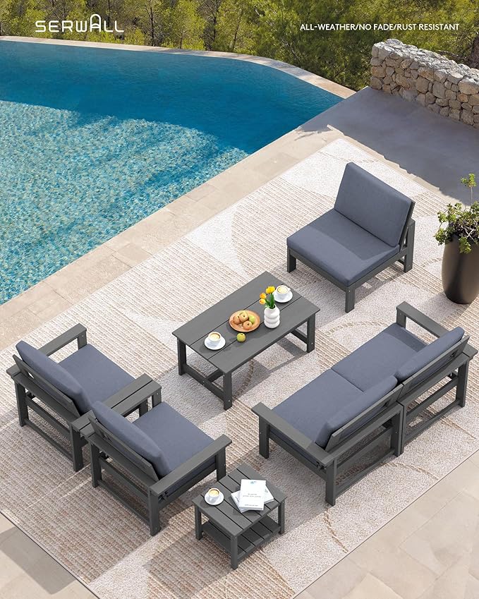 SERWALL HDPE Patio Coversation Set, 7-piece Outdoor Sectional Sofa Set, All Weather Patio Couch Set Patio Furniture for Balcony, Deck, Grey Frame with Grey Cushion - LeafyLoom